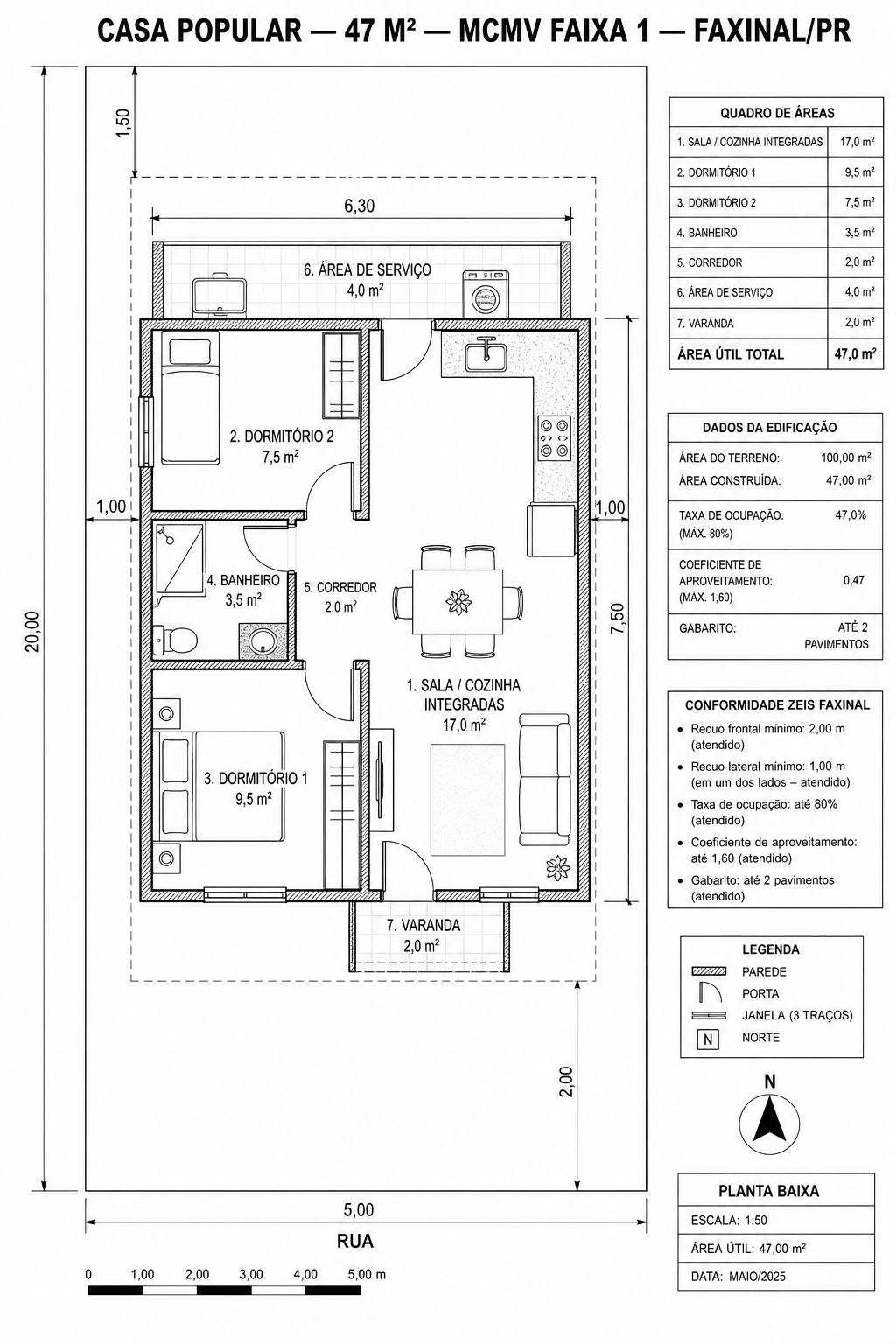 Planta baixa da casa 47 m²